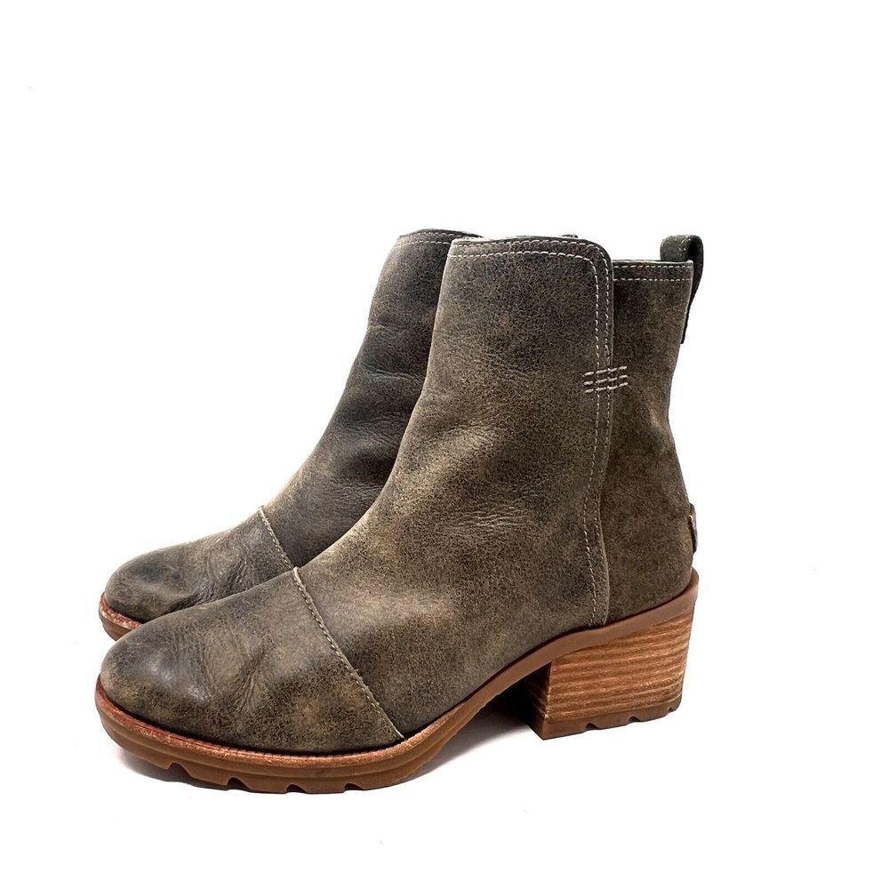 Sorel Cate Women's Olive Green Leather Ankle‎ Heeled Boots Side Zip US Size 7
